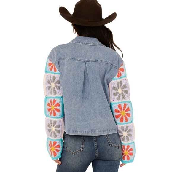 Mystree Crochet Sleeve Medium Wash Denim Jacket Bohemian Size M - Picture 5 of 11